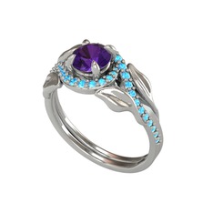 İkili Vigo Yaprak Yüzük - Ametist ve akuamarin 8 ayar beyaz altın yüzük #hkq42z