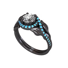 İkili Vigo Yaprak Yüzük - Swarovski ve akuamarin 925 ayar siyah rodyum kaplama gümüş yüzük #m0nq66