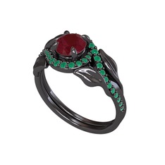 İkili Vigo Yaprak Yüzük - Kök yakut ve kök zümrüt 925 ayar siyah rodyum kaplama gümüş yüzük #nqnpfy