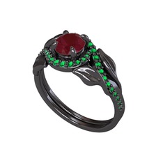 İkili Vigo Yaprak Yüzük - Kök yakut ve yeşil kuvars 925 ayar siyah rodyum kaplama gümüş yüzük #virurg