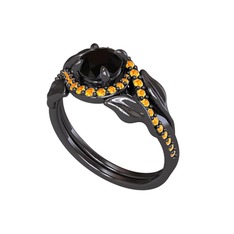 İkili Vigo Yaprak Yüzük - Siyah zirkon ve sitrin 925 ayar siyah rodyum kaplama gümüş yüzük #wrpzb3