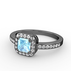 Sarette Tektaş Yüzük - Akuamarin ve pırlanta 925 ayar siyah rodyum kaplama gümüş yüzük (0.45 karat) #114ounw