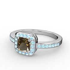 Sarette Tektaş Yüzük - Dumanlı kuvars ve akuamarin 8 ayar beyaz altın yüzük #15xswh2
