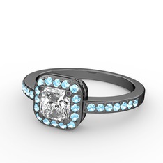 Sarette Tektaş Yüzük - Pırlanta ve akuamarin 925 ayar siyah rodyum kaplama gümüş yüzük (0.71 karat) #18kqykw