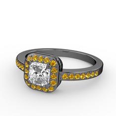 Sarette Tektaş Yüzük - Swarovski ve sitrin 925 ayar siyah rodyum kaplama gümüş yüzük #1semhqn