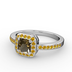 Dumanlı kuvars ve sitrin 8 ayar beyaz altın yüzük