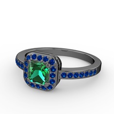 Sarette Tektaş Yüzük - Yeşil kuvars ve lab safir 925 ayar siyah rodyum kaplama gümüş yüzük #1ybsq7n