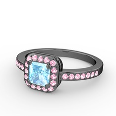 Sarette Tektaş Yüzük - Akuamarin ve pembe kuvars 925 ayar siyah rodyum kaplama gümüş yüzük #dbab6z