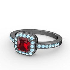 Sarette Tektaş Yüzük - Garnet ve akuamarin 925 ayar siyah rodyum kaplama gümüş yüzük #n0i9lv