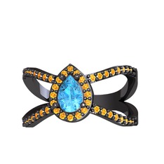 Aero Damla Taşlı Yüzük - Akuamarin ve sitrin 925 ayar siyah rodyum kaplama gümüş yüzük #12i053n