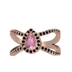 Pembe kuvars ve siyah zirkon 14 ayar rose altın yüzük
