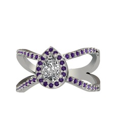 Swarovski ve ametist 14 ayar beyaz altın yüzük