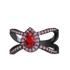 Aero Damla Taşlı Yüzük - Garnet ve pembe kuvars 925 ayar siyah rodyum kaplama gümüş yüzük #1d2rqw3