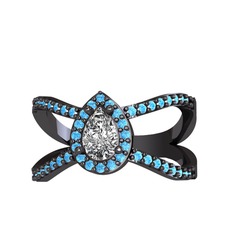 Aero Damla Taşlı Yüzük - Beyaz zirkon ve akuamarin 925 ayar siyah rodyum kaplama gümüş yüzük #1efl9d3