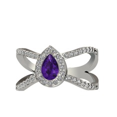 Aero Damla Taşlı Yüzük - Ametist ve swarovski 14 ayar beyaz altın yüzük #1enggwt