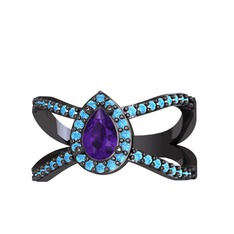 Aero Damla Taşlı Yüzük - Ametist ve akuamarin 925 ayar siyah rodyum kaplama gümüş yüzük #1g9u90c