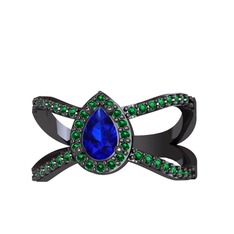 Aero Damla Taşlı Yüzük - Lab safir ve yeşil kuvars 925 ayar siyah rodyum kaplama gümüş yüzük #1jrmyr0