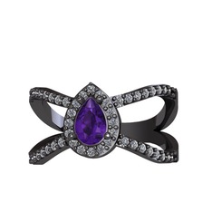 Aero Damla Taşlı Yüzük - Ametist ve pırlanta 925 ayar siyah rodyum kaplama gümüş yüzük (0.4224 karat) #1m6ujv1
