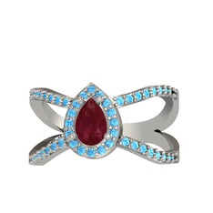 Aero Damla Taşlı Yüzük - Kök yakut ve akuamarin 8 ayar beyaz altın yüzük #1xlrtic