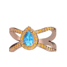 Akuamarin ve sitrin 925 ayar rose altın kaplama gümüş yüzük