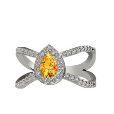 Aero Damla Taşlı Yüzük - Sitrin ve swarovski 14 ayar beyaz altın yüzük #5ezkdt