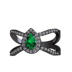 Aero Damla Taşlı Yüzük - Yeşil kuvars ve pırlanta 925 ayar siyah rodyum kaplama gümüş yüzük (0.4224 karat) #5h8hee