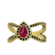 Aero Damla Taşlı Yüzük - Rodolit garnet ve siyah zirkon 18 ayar altın yüzük #6504h8