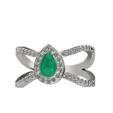 Aero Damla Taşlı Yüzük - Kök zümrüt ve pırlanta 14 ayar beyaz altın yüzük (0.4224 karat) #6slx41
