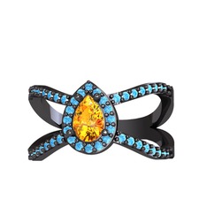 Aero Damla Taşlı Yüzük - Sitrin ve akuamarin 925 ayar siyah rodyum kaplama gümüş yüzük #7208kw