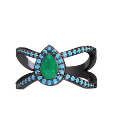 Aero Damla Taşlı Yüzük - Kök zümrüt ve akuamarin 925 ayar siyah rodyum kaplama gümüş yüzük #7zvh32