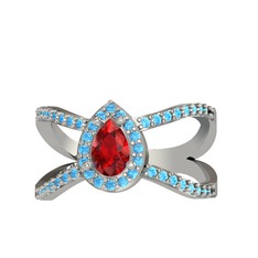 Aero Damla Taşlı Yüzük - Garnet ve akuamarin 8 ayar beyaz altın yüzük #n942bh