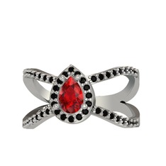 Garnet ve siyah zirkon 14 ayar beyaz altın yüzük