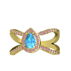 Akuamarin ve pembe kuvars 925 ayar altın kaplama gümüş yüzük