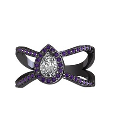 Aero Damla Taşlı Yüzük - Beyaz zirkon ve ametist 925 ayar siyah rodyum kaplama gümüş yüzük #u1dsx7