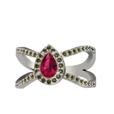 Aero Damla Taşlı Yüzük - Rodolit garnet ve peridot 18 ayar beyaz altın yüzük #v69cg3