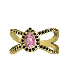 Pembe kuvars ve siyah zirkon 925 ayar altın kaplama gümüş yüzük