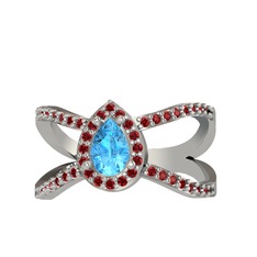 Akuamarin ve garnet 14 ayar beyaz altın yüzük