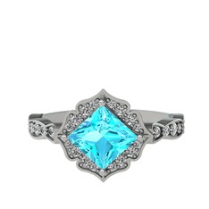 Akuamarin ve swarovski 8 ayar beyaz altın yüzük