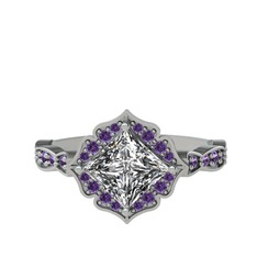 Minimal Gea Yüzük - Swarovski ve ametist 14 ayar beyaz altın yüzük #13b9pl8