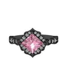 Pembe kuvars ve swarovski 925 ayar siyah rodyum kaplama gümüş yüzük
