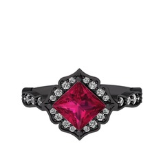 Minimal Gea Yüzük - Rodolit garnet ve swarovski 925 ayar siyah rodyum kaplama gümüş yüzük #16mik5l