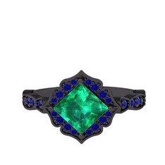 Minimal Gea Yüzük - Yeşil kuvars ve lab safir 925 ayar siyah rodyum kaplama gümüş yüzük #1gmg7s5