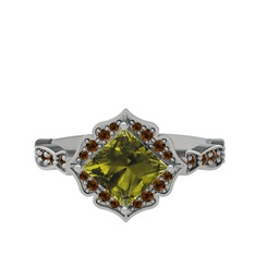 Peridot ve dumanlı kuvars 8 ayar beyaz altın yüzük