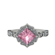 Pembe kuvars ve pırlanta 14 ayar beyaz altın yüzük (0.775 karat)