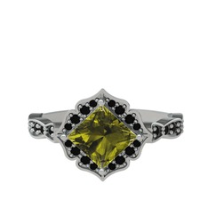 Peridot ve siyah zirkon 14 ayar beyaz altın yüzük