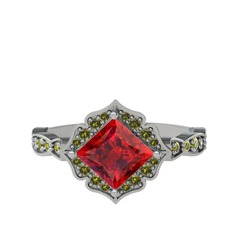 Minimal Gea Yüzük - Garnet ve peridot 14 ayar beyaz altın yüzük #1tthrrm