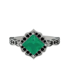 Minimal Gea Yüzük - Kök zümrüt ve siyah zirkon 14 ayar beyaz altın yüzük #5bo0kn