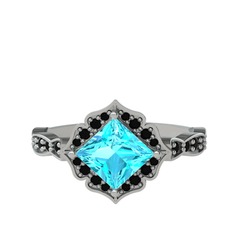 Minimal Gea Yüzük - Akuamarin ve siyah zirkon 14 ayar beyaz altın yüzük #6qjmnv
