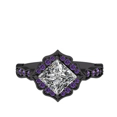 Minimal Gea Yüzük - Swarovski ve ametist 925 ayar siyah rodyum kaplama gümüş yüzük #7cl2ro