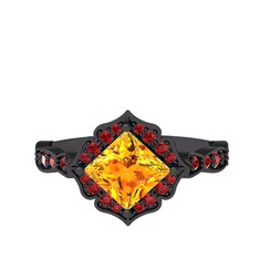 Sitrin ve garnet 925 ayar siyah rodyum kaplama gümüş yüzük